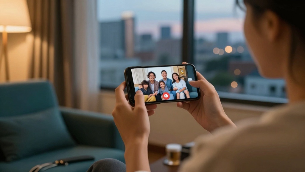 Traveller reviewing a purchase on a smartphone in a hotel room with a city view