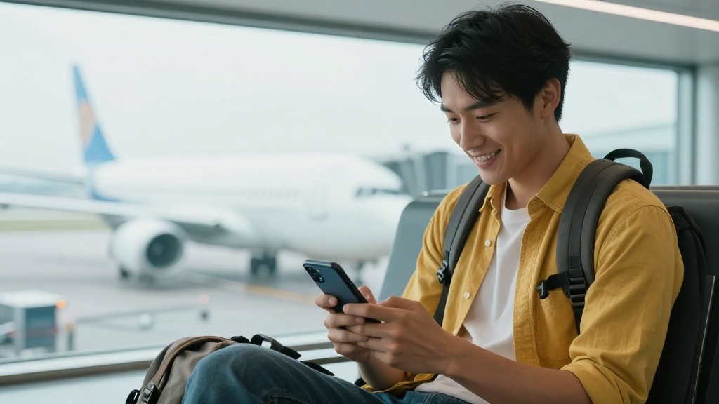 Traveller with a backpack at an airport gate checking a mobile data connection on their phone