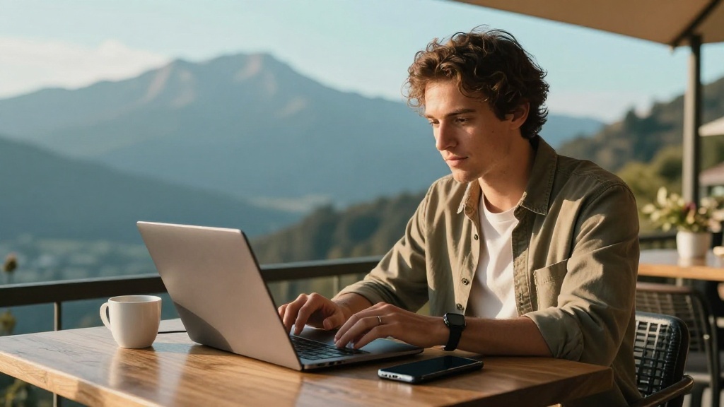 Digital nomad working on a laptop tethered to a phone hotspot at a scenic cafe