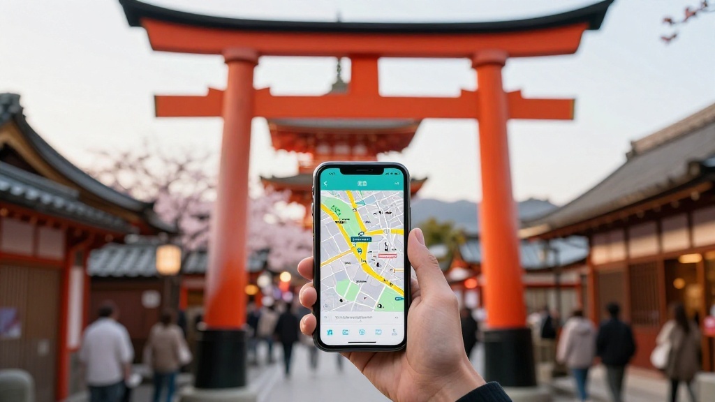Traveller using a phone map near a red torii gate on a Japanese temple street in Kyoto
