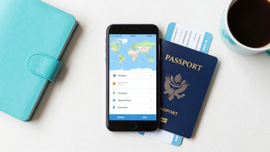 Travel planning flat lay with a smartphone showing a world map and data plan options