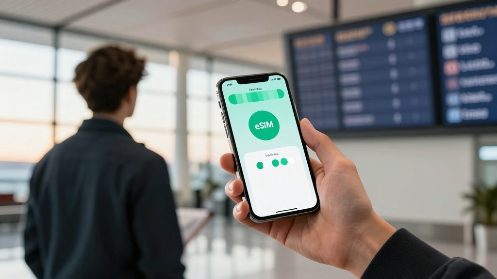 Traveller activating a Nomad travel eSIM on a smartphone in a bright airport terminal