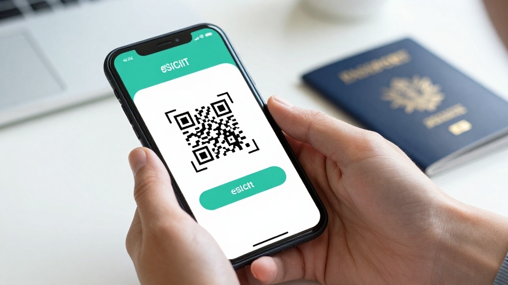 Hands holding a smartphone scanning a QR code to install a travel eSIM