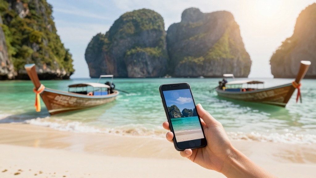 Traveller checking mobile data on a Thailand beach with longtail boats and limestone cliffs