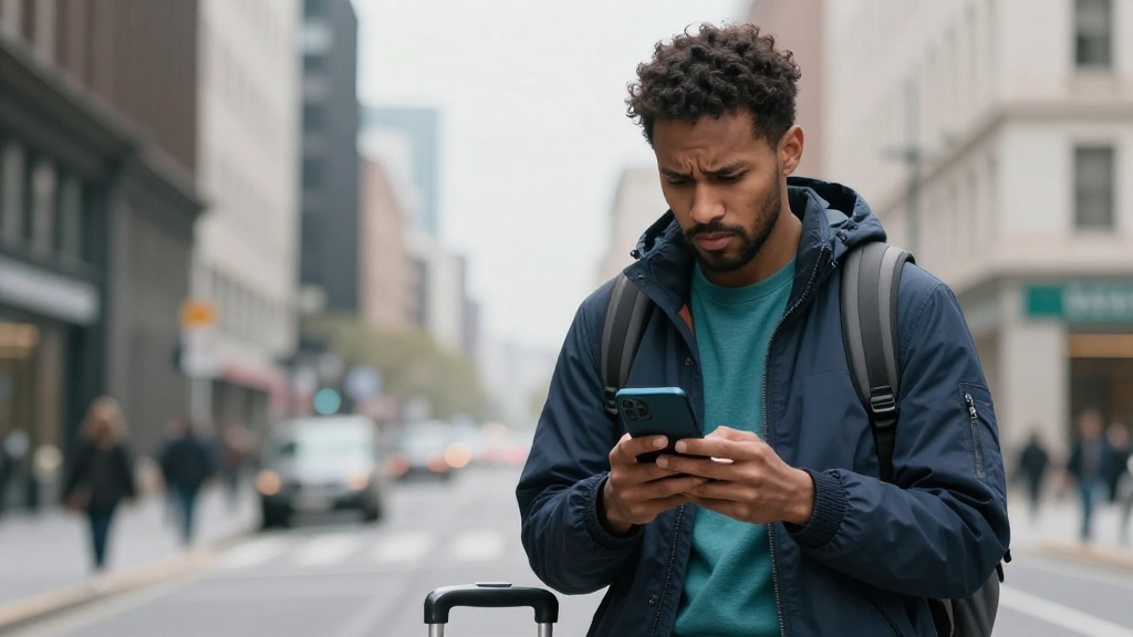 Traveller with luggage on a city street checking phone settings after losing mobile signal