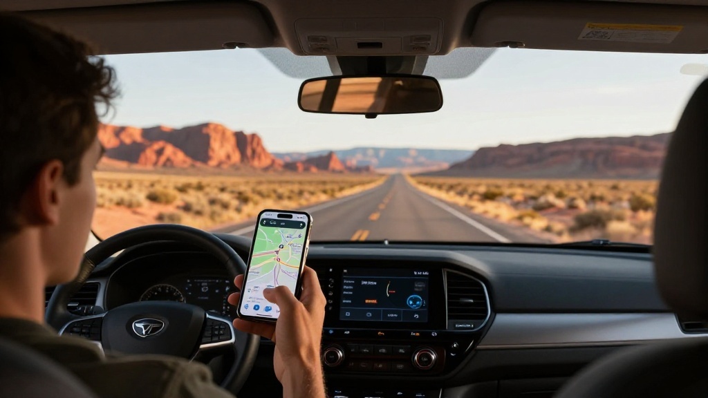 Traveller using phone navigation on a USA road trip through desert highway scenery